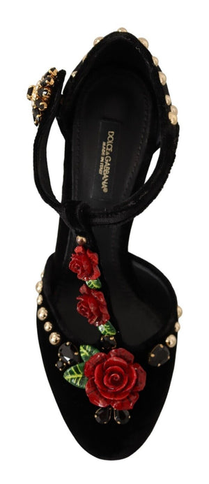 Schwarz Mary Jane Pumps Rosen Kristalle Schuhe