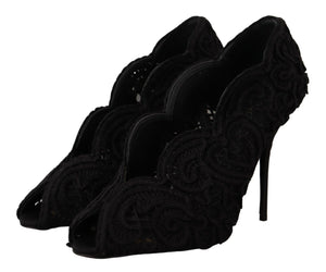 Schwarze Cordonetto Ricamo Pumps Offene Zehen Schuhe
