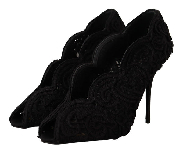 Schwarze Cordonetto Ricamo Pumps Offene Zehen Schuhe
