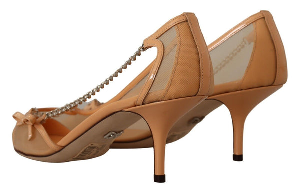 Pfirsich Mesh Leder Ketten Heels Pumps Schuhe