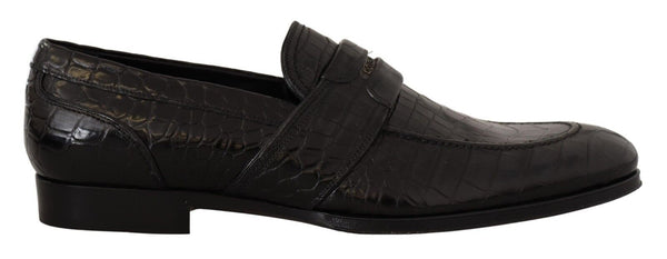 Schwarzes Krokodilleder Slip On Mokassin Schuhe