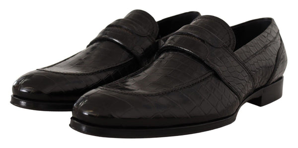 Schwarzes Krokodilleder Slip On Mokassin Schuhe