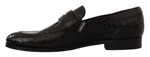 Schwarzes Krokodilleder Slip On Mokassin Schuhe