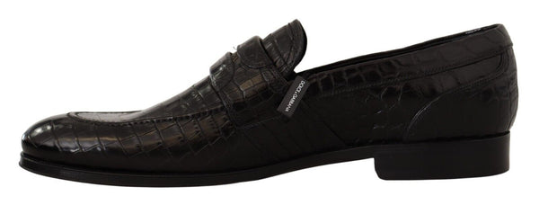 Schwarzes Krokodilleder Slip On Mokassin Schuhe