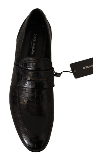 Schwarzes Krokodilleder Slip On Mokassin Schuhe