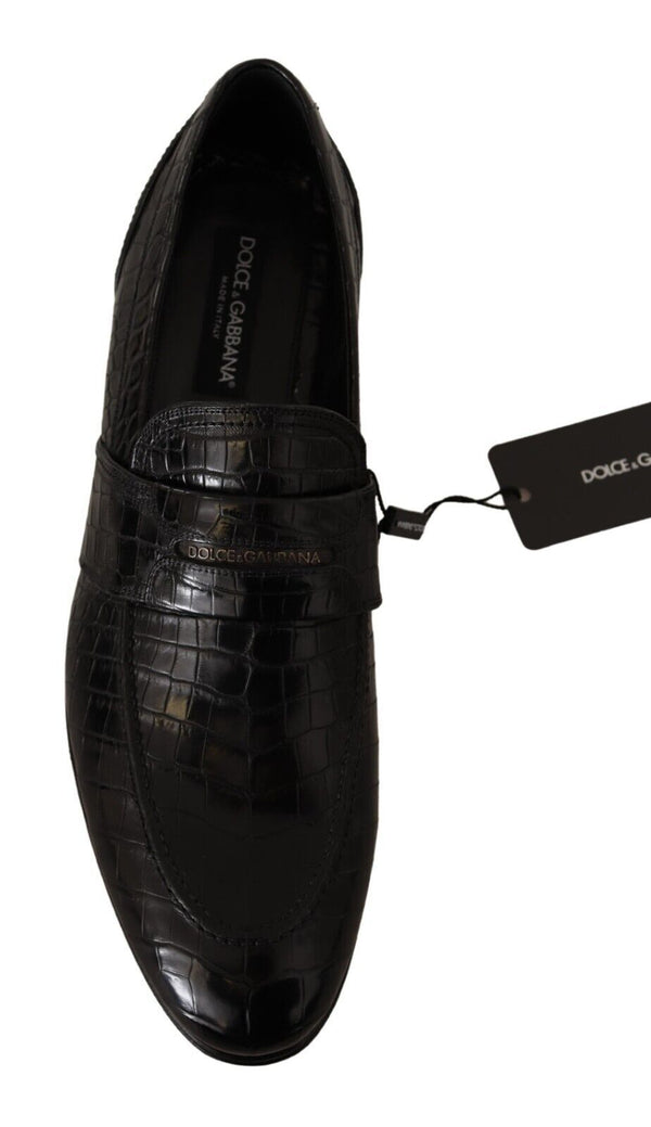 Schwarzes Krokodilleder Slip On Mokassin Schuhe