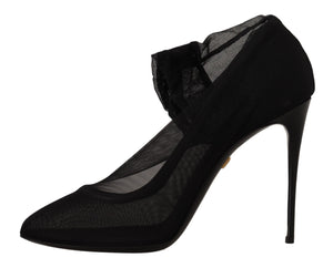 Schwarz Tüll Stretch Stiefel Pumps Schuhe