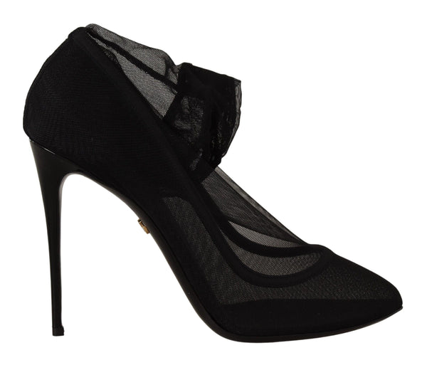 Schwarz Tüll Stretch Stiefel Pumps Schuhe
