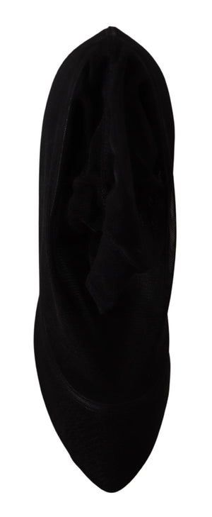 Schwarz Tüll Stretch Stiefel Pumps Schuhe