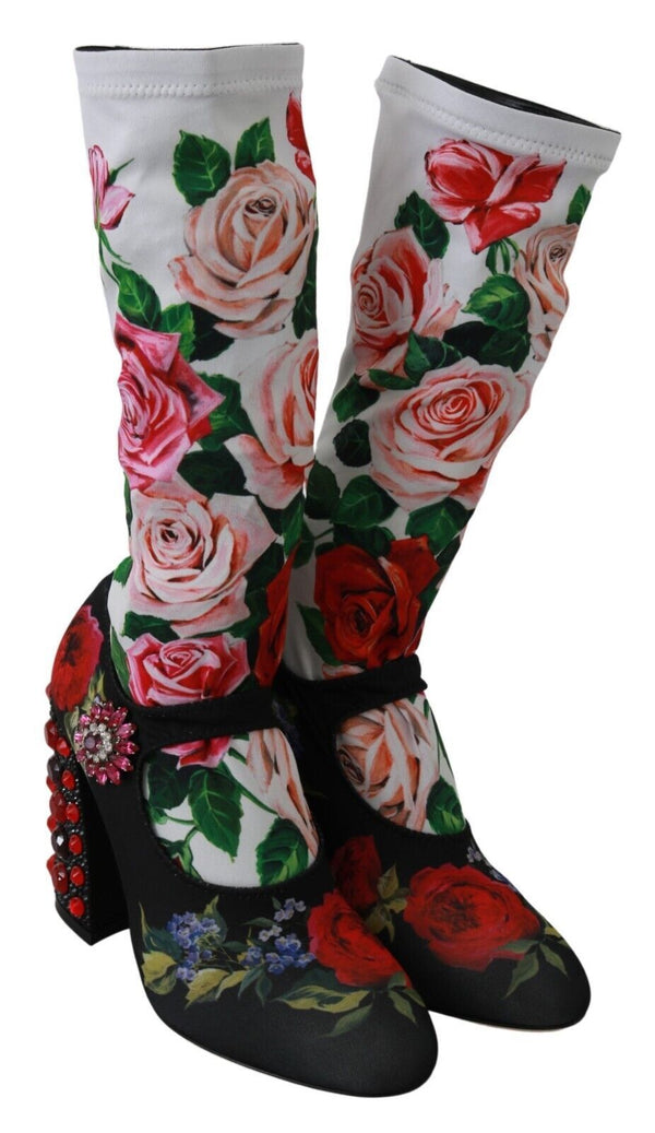 Schwarz Floral Socken Crystal Jersey Stiefel Schuhe