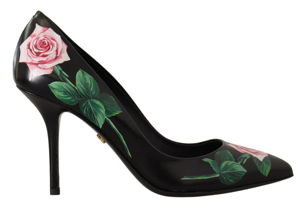 Schwarz Leder Rosen High Heels Pumps Schuhe