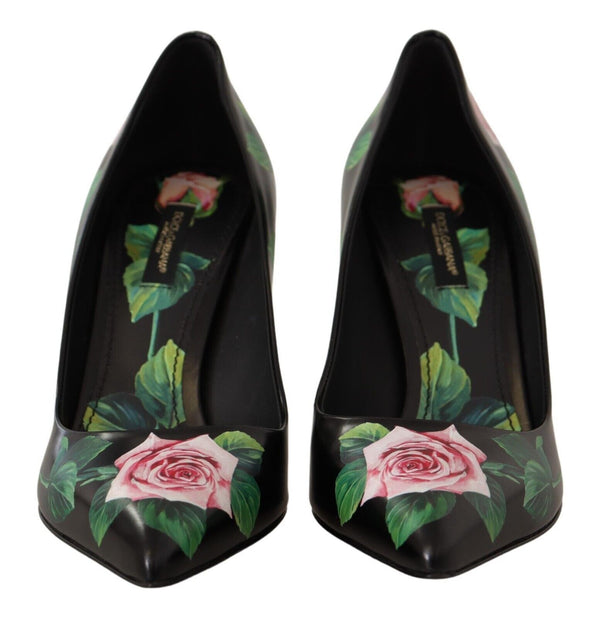 Schwarz Leder Rosen High Heels Pumps Schuhe