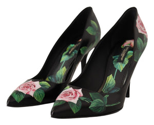 Schwarz Leder Rosen High Heels Pumps Schuhe