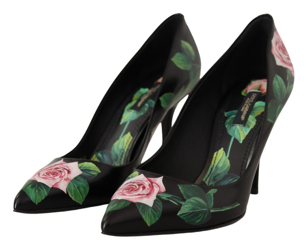 Schwarz Leder Rosen High Heels Pumps Schuhe