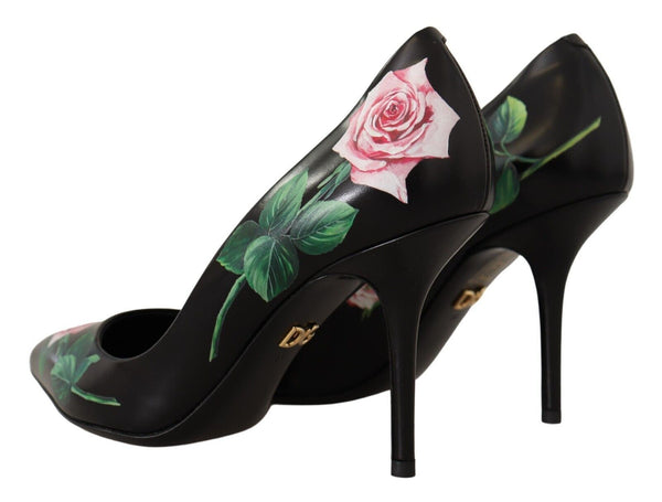 Schwarz Leder Rosen High Heels Pumps Schuhe