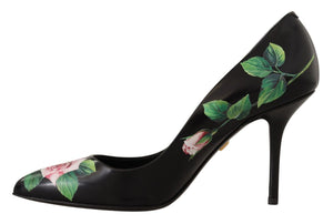 Schwarz Leder Rosen High Heels Pumps Schuhe