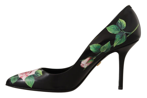 Schwarz Leder Rosen High Heels Pumps Schuhe