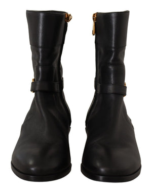 Schwarzes Leder Flats Logo Kurze Stiefel Schuhe
