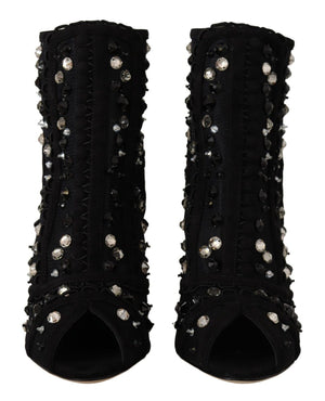 Schwarz Kristalle Heels Reißverschluss Kurze Stiefel Schuhe
