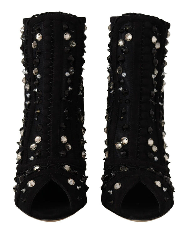 Schwarz Kristalle Heels Reißverschluss Kurze Stiefel Schuhe