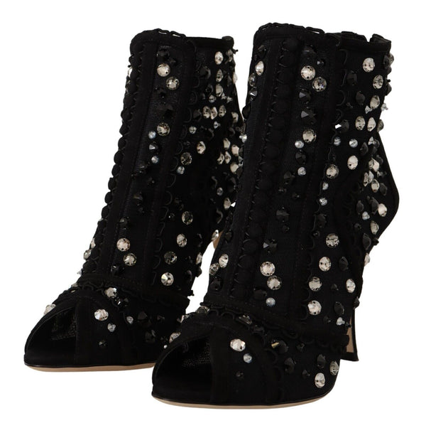Schwarz Kristalle Heels Reißverschluss Kurze Stiefel Schuhe