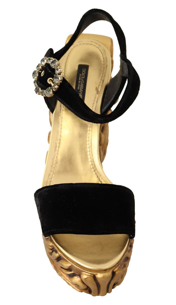 Schwarz Gold Barock Samt Heels Kristall Schuhe