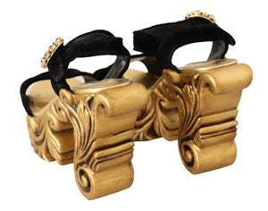 Schwarz Gold Barock Samt Heels Kristall Schuhe