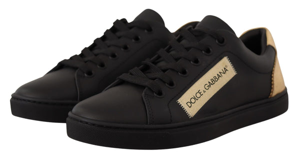 Schwarz Gold Leder Low Top Sneakers Damen Schuhe