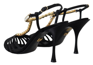 Schwarz Satin Klar Kristall T-strap Sandale Schuhe