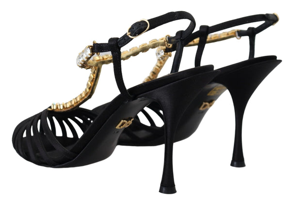 Schwarz Satin Klar Kristall T-strap Sandale Schuhe