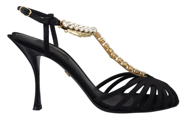 Schwarz Satin Klar Kristall T-strap Sandale Schuhe
