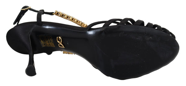 Schwarz Satin Klar Kristall T-strap Sandale Schuhe