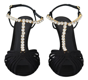 Schwarz Satin Klar Kristall T-strap Sandale Schuhe