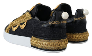 Schwarz Gold Barock Portofino Leder Turnschuhe Schuhe