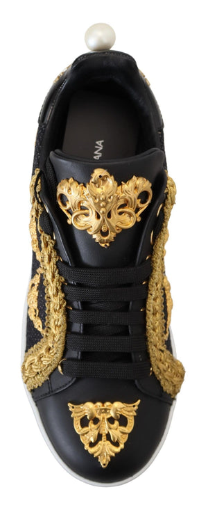 Schwarz Gold Barock Portofino Leder Turnschuhe Schuhe