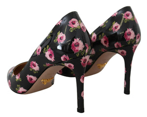 Schwarzes Leder Floral Heels Stilettos Pumps