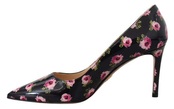 Schwarzes Leder Floral Heels Stilettos Pumps