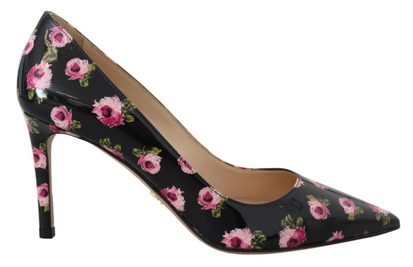Schwarzes Leder Floral Heels Stilettos Pumps
