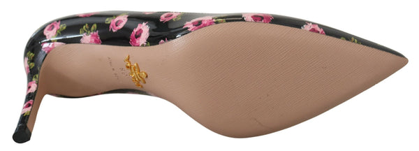 Schwarzes Leder Floral Heels Stilettos Pumps