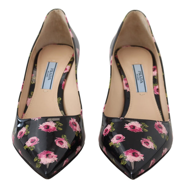 Schwarzes Leder Floral Heels Stilettos Pumps