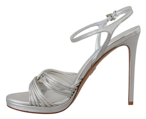 Silberne Leder-Sandalen Knöchelriemen-Absätze Stiletto