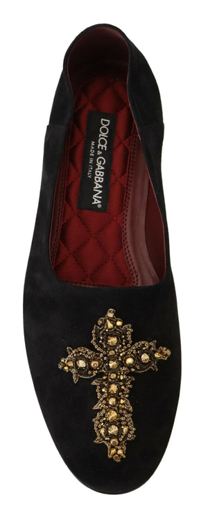 Schwarz Wildleder Gold Kreuz Slip On Loafers Schuhe