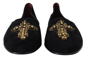 Schwarz Wildleder Gold Kreuz Slip On Loafers Schuhe