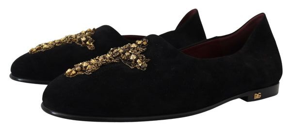 Schwarz Wildleder Gold Kreuz Slip On Loafers Schuhe