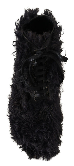 Schwarz Leder Combat Shearling Stiefel Schuhe