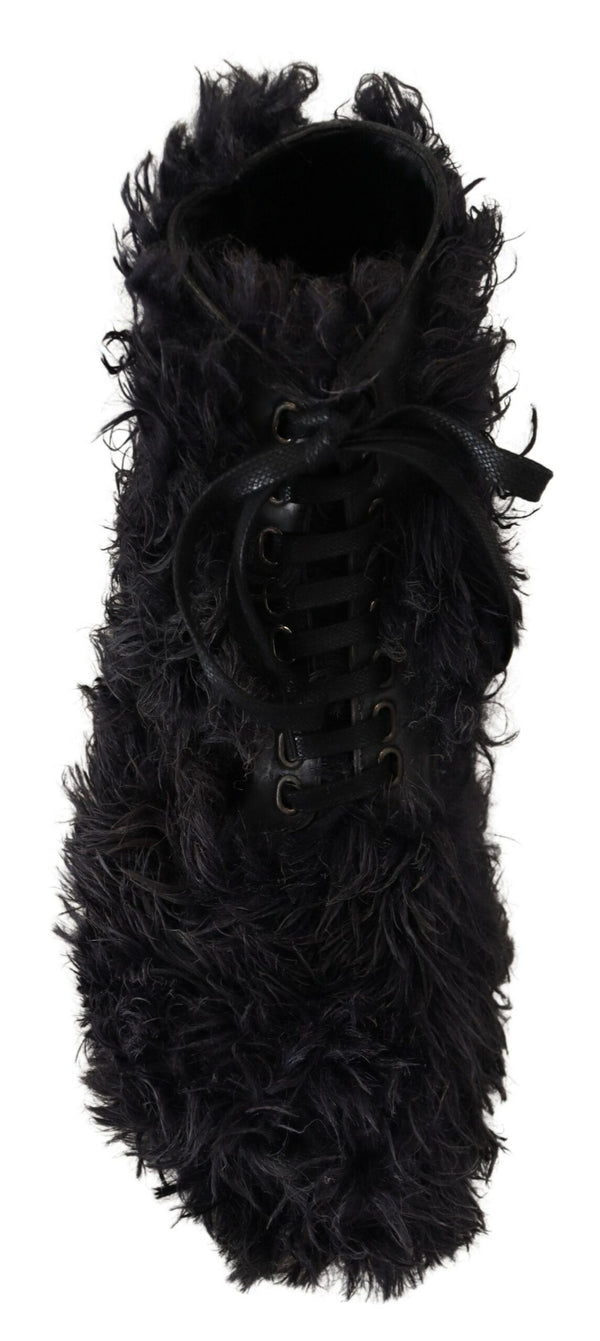 Schwarz Leder Combat Shearling Stiefel Schuhe