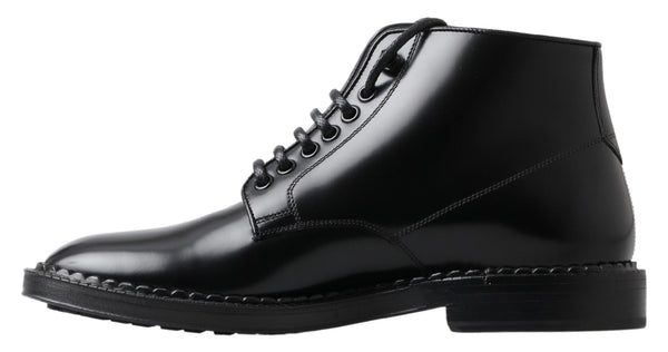 Schwarze Leder Herren Kurzstiefel Schnürschuhe
