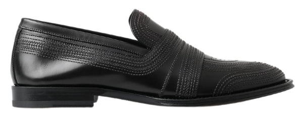 Schwarzes Leder Slipper Loafers Genähte Schuhe