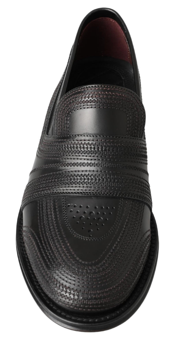 Schwarzes Leder Slipper Loafers Genähte Schuhe