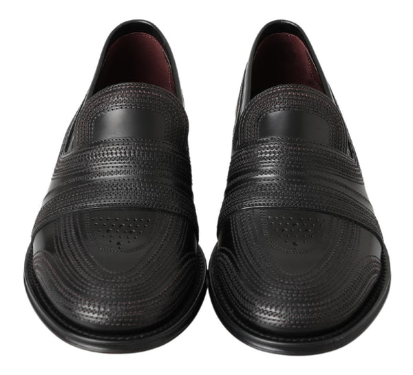 Schwarzes Leder Slipper Loafers Genähte Schuhe